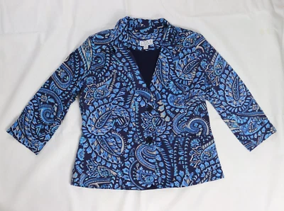 Chaqueta Blazer Joan Rivers Paisley Jersey Tejido Manga 3/4 Bolsillos Pequeña Azul Gris Foto 1 de 4