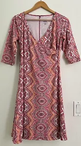 Prana Nadia Veeda Dress Pink Orange Printed V-Neck Faux Wrap Athleisure Womens M - Picture 1 of 24