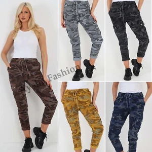 Ladies Women Italian Stretch Pocket Camouflage Army Trousers Magic Joggers - Picture 1 of 25