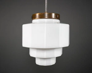 Original 1930s English Art Deco Stepped Opaline Glass Pendant Lamp – 2 Available - Picture 1 of 3