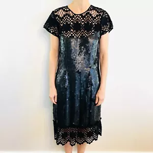 Trelise Cooper Size 14 L Black Crochet Lace Sequins Downtown Abbey Dress - Picture 1 of 18