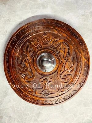 viking carved shield 30 inch handmade carved shield design... - Image 1 of 4