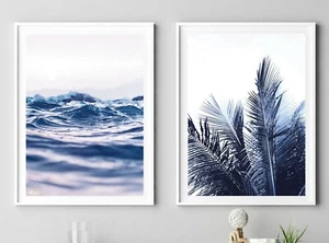 Set of 2 Palm Leave Beach Ocean Wave Matching Photography Wall Art Prints - Picture 1 of 2