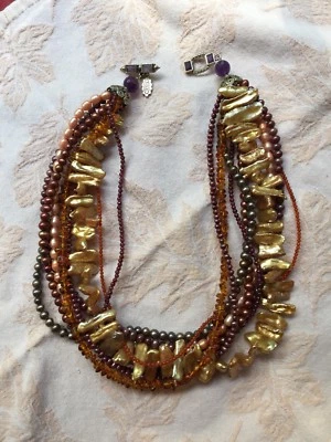 Amy K Russell Sterling Silver 9 strand Pearl & semi prec Necklace amethyst clasp - Image 1 of 4