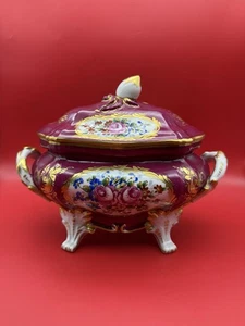 Ciotola coperta con piedini dipinta a mano Pillivuyt Limoges Francia vintage/antica - Foto 1 di 11