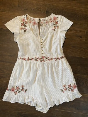American Eagle Romper Size L White Striped Floral Embroidered Lined 100% Cotton - Image 1 of 4