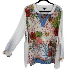 Top túnica John Mark XL blanco floral arrugado cuello en V lengüeta enrollable Boh arte boho para usar - Imagen 1 de 10
