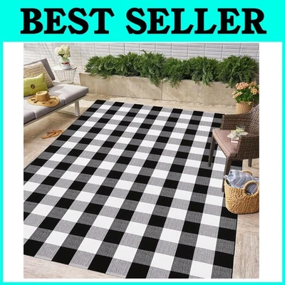 Alfombra a cuadros blanca y negra para interior/exterior Foto 1 de 4