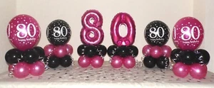 80th BIRTHDAY - BLACK AND PINK - 6 PACK BALLOON DISPLAY -TABLE CENTREPIECE - Picture 1 of 10