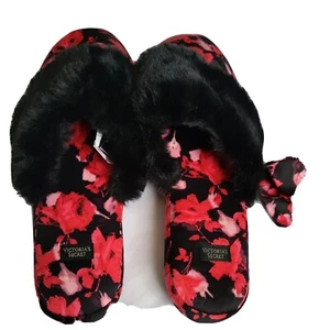 New Victorias Secret Signature Satin Black/pink Floral Fur Slippers mules Size M - Picture 1 of 8