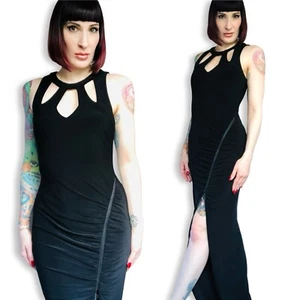 Vintage Y2K 90s CACHE Black Slinky Cage Neckline Cut Out Gown Side Slit M L XL - Picture 1 of 12