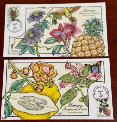 #3126-3127 Merian Botanical Prints Set of 2 FDC's Hand-Painted  Collins Perfect! - Image 1 of 3
