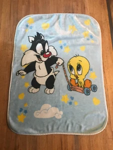 Vintage 1999 Baby Looney Tunes Sylvester Tweety Bird Baby Blanket Blue EUC - Picture 1 of 12