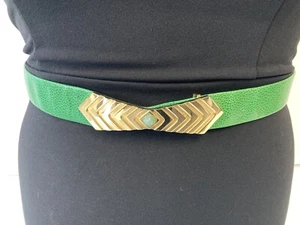 Vintage Judith Leiber Green Lizard Belt Gold Buckle Jadeite Stone Adjustable P-3 - Picture 1 of 6