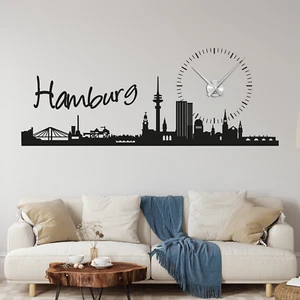 Wall Decal Wall Clock Skyline Hamburg with Sun as Clock for Your Living Room - Picture 1 of 5