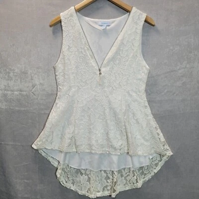Blue Vanilla Blouse Women Size 12 White Sleeveless Lace Zip Tunic Top - Image 1 of 4