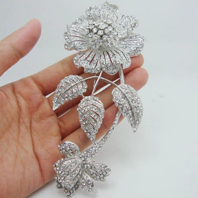 5.98" Luxury Bride 3 Leaf Flower Bouquet Clear Rhinestone Crystal Brooch Pin - Image 1 of 4