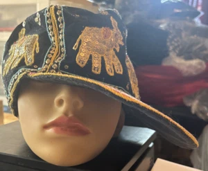 Vintage Black Gold Elephant Embroidery Sequin Hat Unisex One Size Cotton - Picture 1 of 13