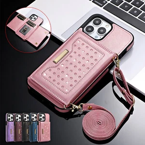For iPhone 15 Pro Max 14 12 11 XR 8 Diamond Leather Wallet Lanyard Cover Case - Picture 1 of 72