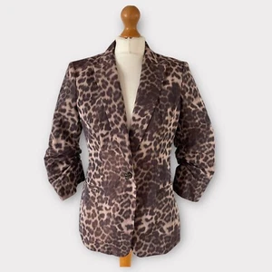 Calvin Klein Blazer Jacket Petite Small Brown Beige Leopard Animal Print Ruched - Picture 1 of 13
