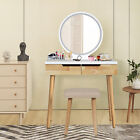 Modern Dressing Table Stool Set Round Makeup Mirror w/LED Lights Wooden 2 Drawer