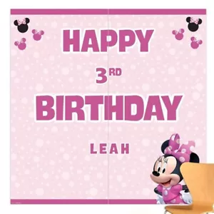 Disney Minnie Mouse Forever Happy Birthday Backdrop Customizable Party Decor - Picture 1 of 2