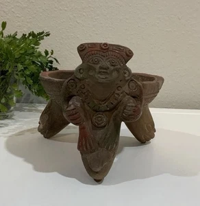 Vtg Aztec Mayan Mexican Folk Art Pottery Clay Man Figure Incense Burner Bowl - Picture 1 of 7
