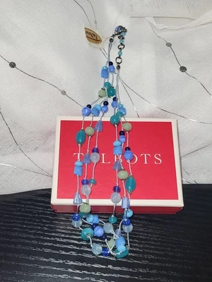 Talbots 3 Strand Blue Aqua Green Glass Silver Ton Statement Necklace Vintage NWT - Image 1 of 4