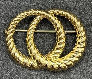 Gold Tone Rope Scallop Brooch Pin Double Circle Vtg Signed Designer MCM - Picture 1 of 10