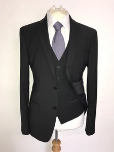 TED BAKER - 3 Piece Slim Fit Plain BLACK WOOL SUIT - 38 Reg - W32 L31 -WORN ONCE - Picture 1 of 13