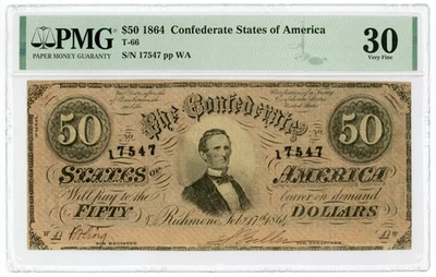 1864 T-66 $50 The Confederate States of America Note - CIVIL WAR Era PMG VF 30 - Image 1 of 2