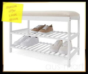 Beige Fabric Foam Seat Top Bench + 2 Tier White Bamboo Shoe Rack Organiser - Picture 1 of 9