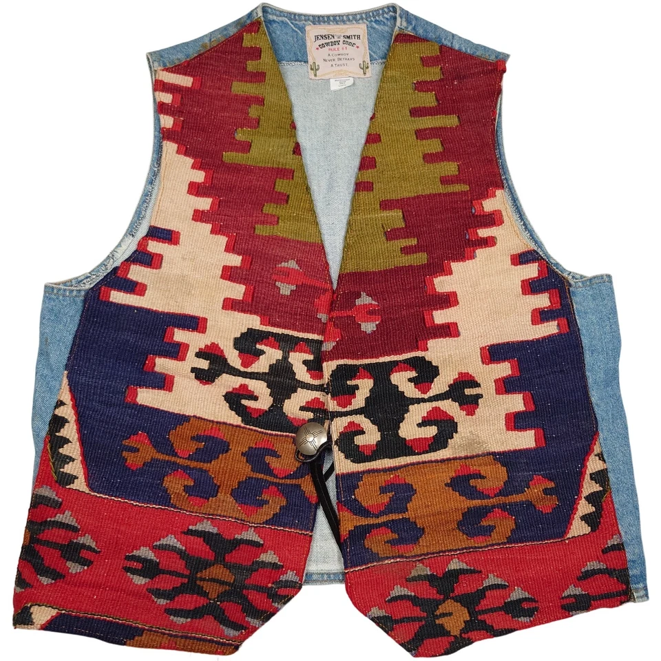 Vintage Jensen & Smith Cowboy Code Sz L Denim Tapestry Vest Southwestern Kilim - Image 1 of 4