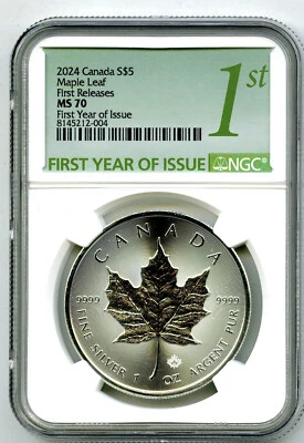 2024 $5 CANADA 1OZ SILVER KCIII MAPLE LEAF NGC MS70 FIRST RELEASES YEAR OF ISSUE - Image 1 of 2