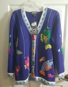 Vintage 90er Berek Great Catch Cardigan Pullover, Fisch Gr. Med NEU mit Etikett - Bild 1 von 12