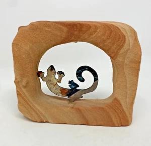Southwest Metal Gecko Figurine Sandstone Art Lizard Sculpture Paperweight Rock - Picture 1 of 7