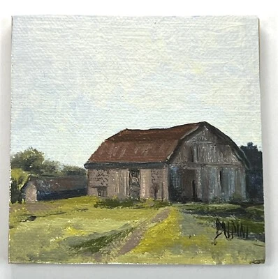 J R Baldini Óleo sobre Lienzo Pintura al Aire Libre Granero 3x3” Miniatura Bellas Artes Granja Foto 1 de 4