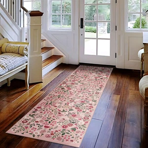 Peach Pink Hallway Runner Machine Washable Jungle Pattern Rugs Non Slip Rug Mat - Picture 1 of 7