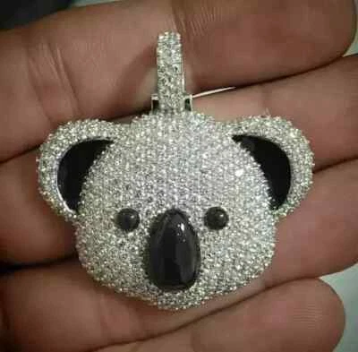 Pendant 2.20 Ct Round Cut Real Moissanite 925 Sterling Silver Koala Black Enamel - Image 1 of 4