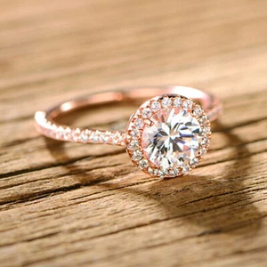 Solid 10K Rose Gold & Shiny Cubic Zirconia Halo-Cut Engagement Women's Ring - Picture 1 of 3
