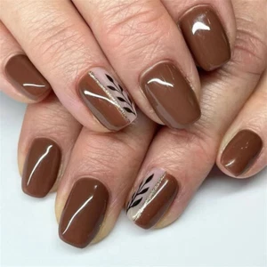 Short Square Press-On False Nail Warm Brown Color Autumn Winter Manicure 24pcs - Picture 1 of 7