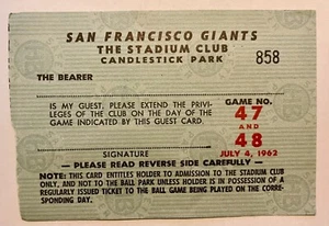 7/4/62 NY Mets Polo Grounds era Ticket away at San Francisco Giants July 4, 1962 - Picture 1 of 2