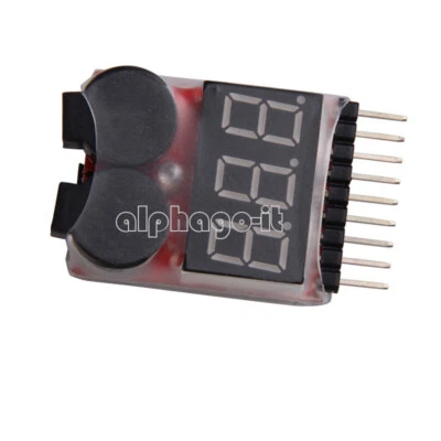 1-8S Lipo/Li-ion/Fe Battery Voltage 2IN1 Tester Low Voltage Buzzer Alarm New - Immagine 1 di 4