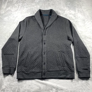 Perry Ellis Mens L Full Button Up Cardigan Gray Diamond Pattern W/ Elbow Patches - Picture 1 of 7