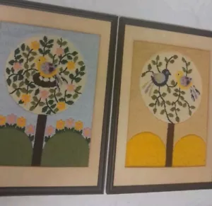 2 MCM Vintage Handmade Crewel Embroidery Framed Flowers Bird Burda Trees RARE - Picture 1 of 9