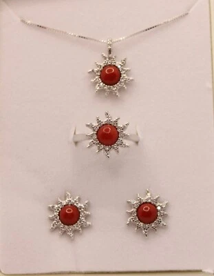 ORECCHINI CIONDOLO ANELLO SOLE CORALLO ROSSO ARGENTO ZIRCONI BIANCHI MM 14 EXPLO - Immagine 1 di 4