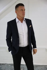 Mens Navy Blue Pinstripe Blazer Formal High Quality Jacket Wedding Office Party - Picture 1 of 5