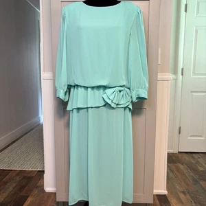 Womens Sz 16 Vintage* In The Mood* Dress Seafoam Green Bow Chiffon Ruffle Pretty - Picture 1 of 11