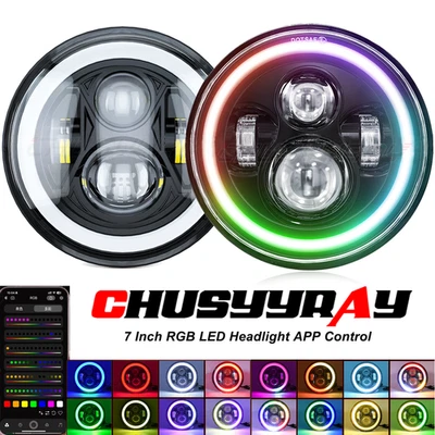 Pair 7" inch Round RGB Led Headlights Hi/Low Beam for Jeep CJ3 1960-1964-1965 - Image 1 of 4