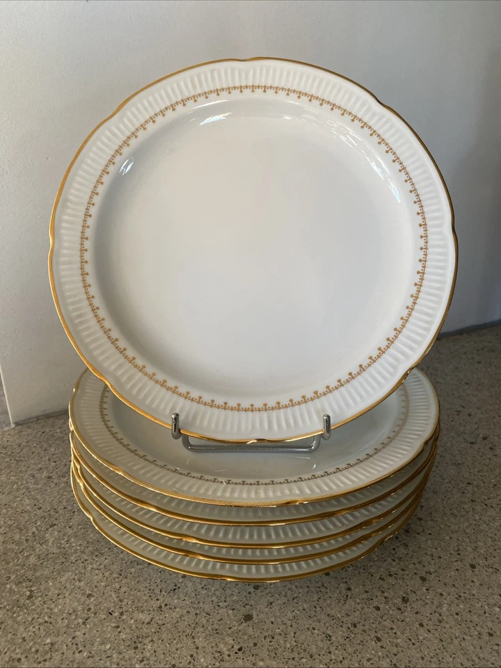 6 assiettes plates en porcelaine de Vierzon blanc frise or Pate Fine Royal - Photo 1/4